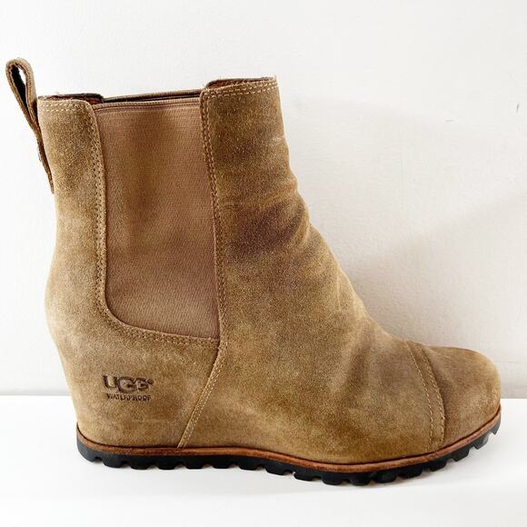UGG Pax Pull On Suede Hidden Wedge Waterproof Boots Booties Brown 10 - Picture 1 of 7